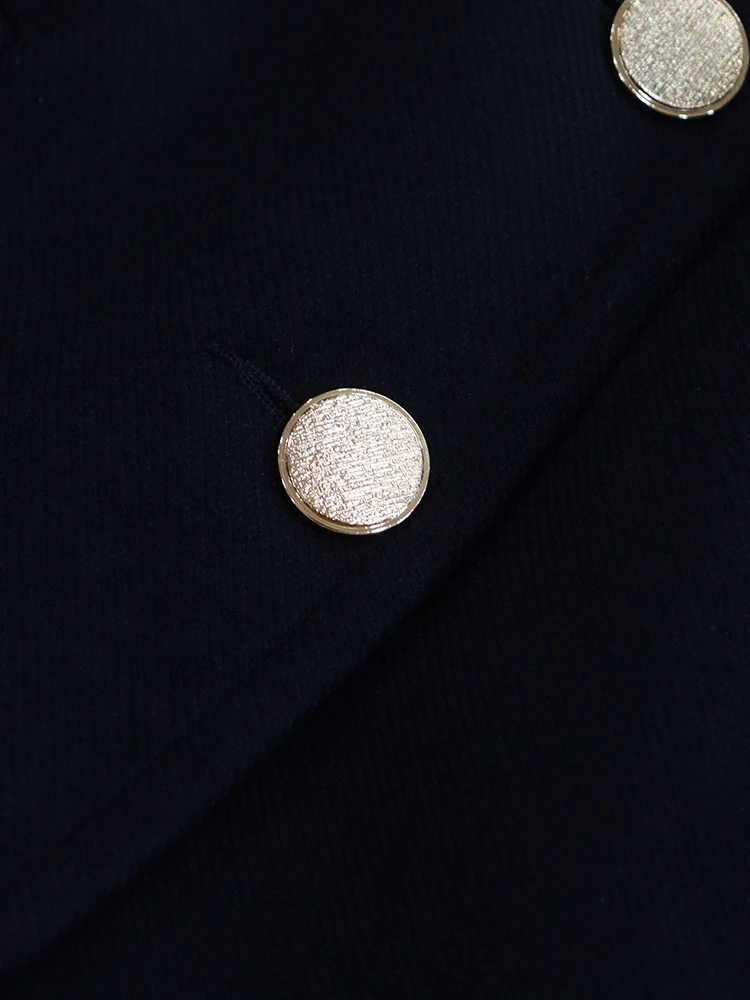 Heidd Ele Sle Casaco feminino azul profundo de fileira única de metal Bule oulder longo comprimento Sve ort fibra de poliéster para deslocamento...