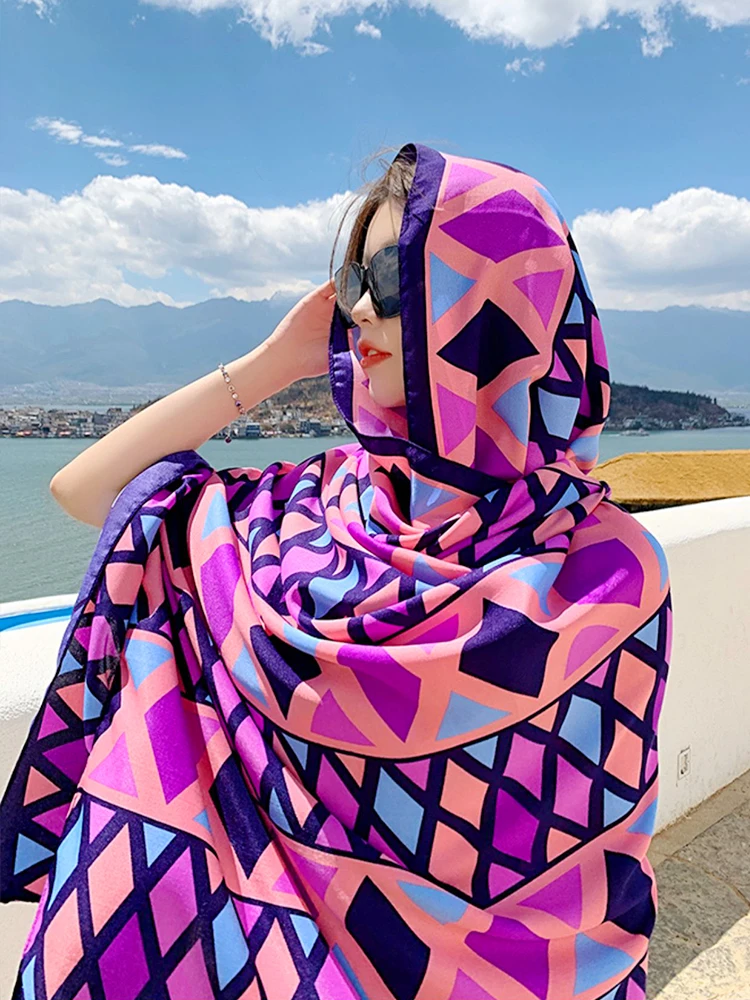 Summer Elegant Women Silk Scarf Beach Wrap Shawl Vintage Plaid Print Lady Sunscreen Bandana Long Hijab Mujer Boho Scarve Pareo