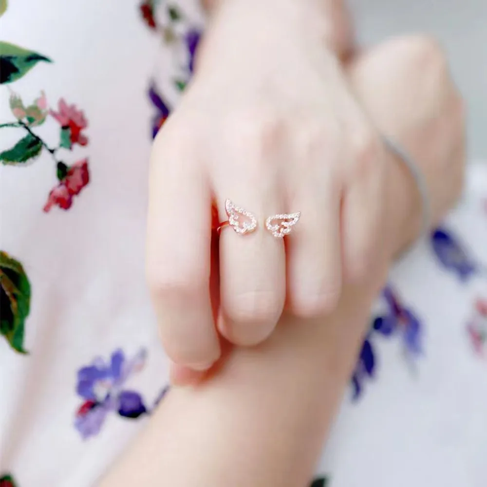 Korean Angel Wings Micro-inlay Zircon Hollowed-out Wing Adjustable Opening Rings for Women Stainless Steel Finger Jewelry Gifts