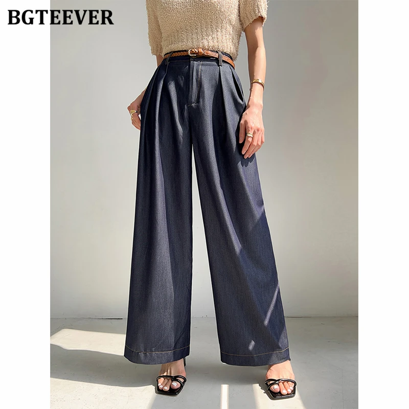 BGTEEVER Spring Summer Loose Wide Leg Jeans Trousers for Women Stylish High Waist Female Denim Pants