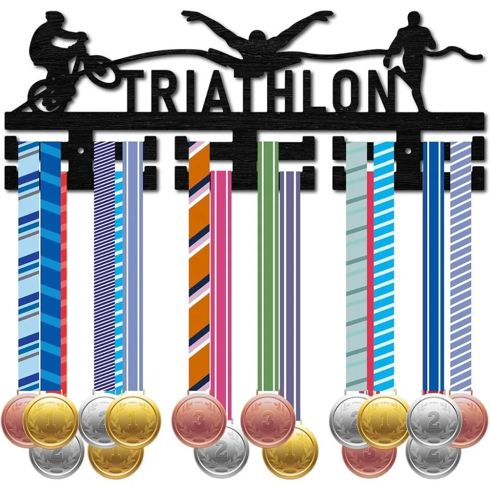Wooden Triathlon Medal Holder Medal Hanger Display Swim Bike Run Sport Medal Rack Wall Rack Mounted over 30 Medals Awards Ribbon