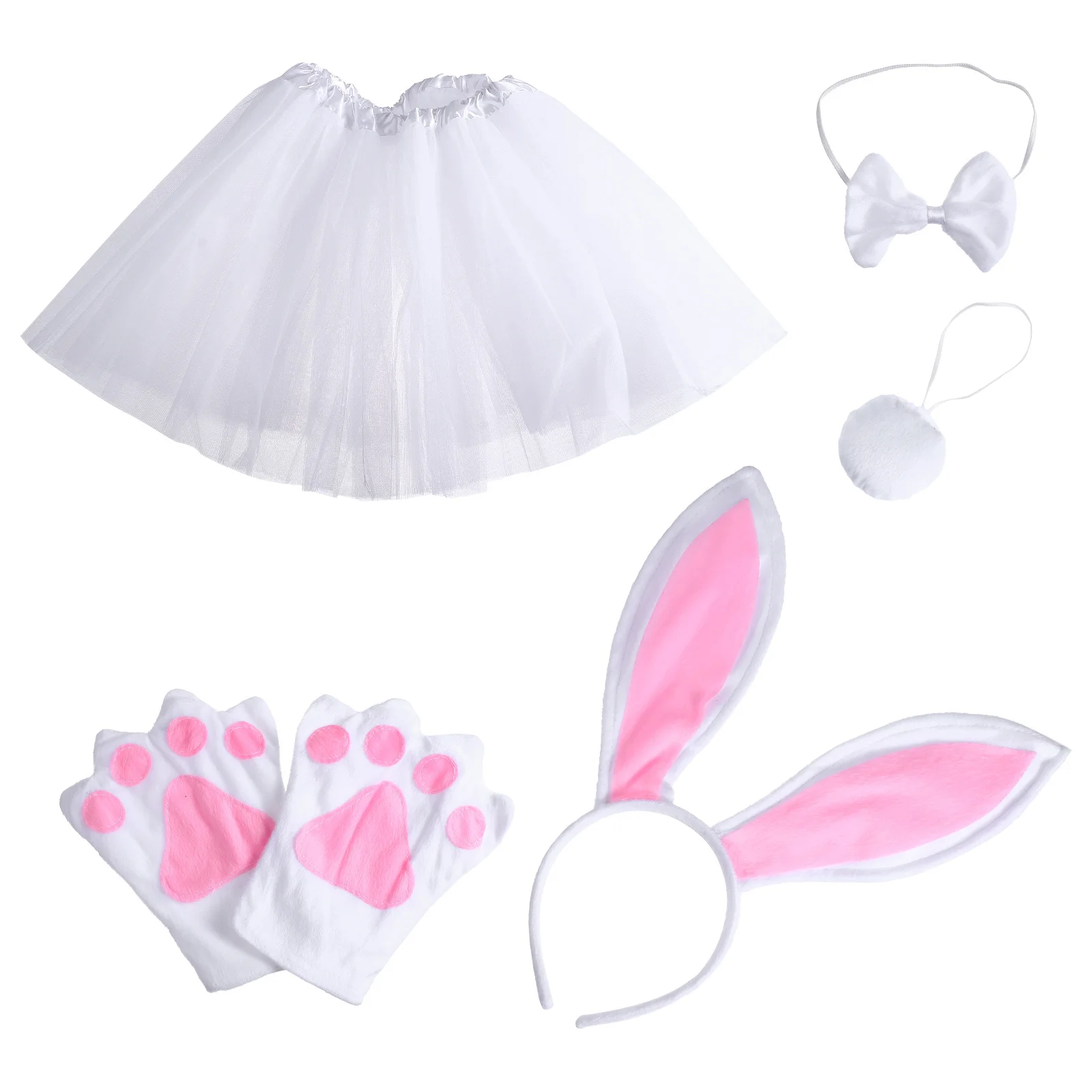 

1 Set Rabbit Ears Headband Tutu Skirt Gloves Bow Tie Tail Easter Party Costume Accessories White For Girls Stage Performance