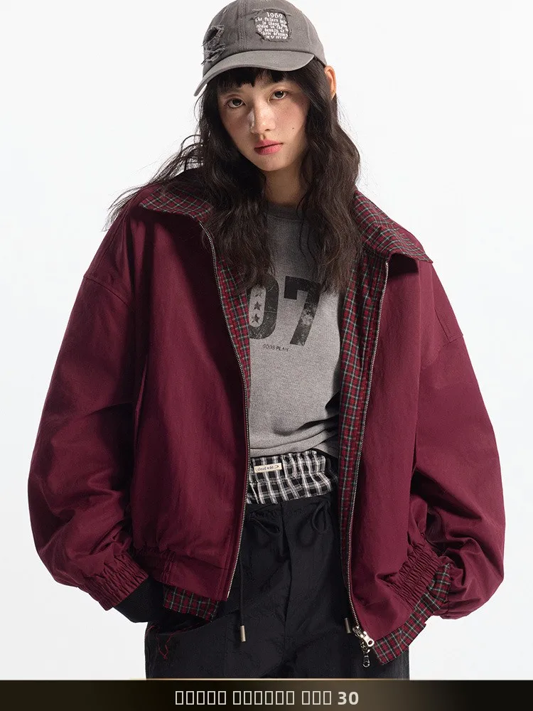 

American Retro Plaid Double-Sided Wear Collar Spring New Loose Casual Couple Match Baseball Jaet Polyester Fiber Long Sv...