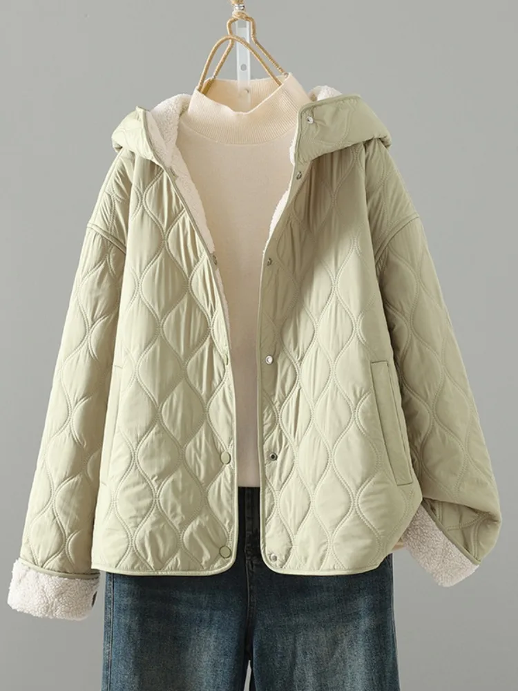 

Artistic Japanese Sle Quilted Diamond Pattern Cotton Jaet Women's Winter Hooded Coat Large Size Fce Lined Warm Hat i...