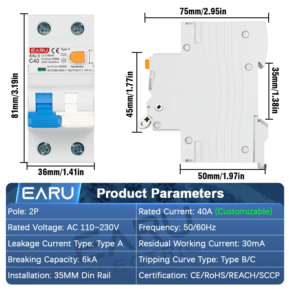 EARU 2P 30mA Electromagnetic Type A RCBO RCCB MCB Residual Current Curve B C Short Circuit Breaker Leakage Over Load Protection