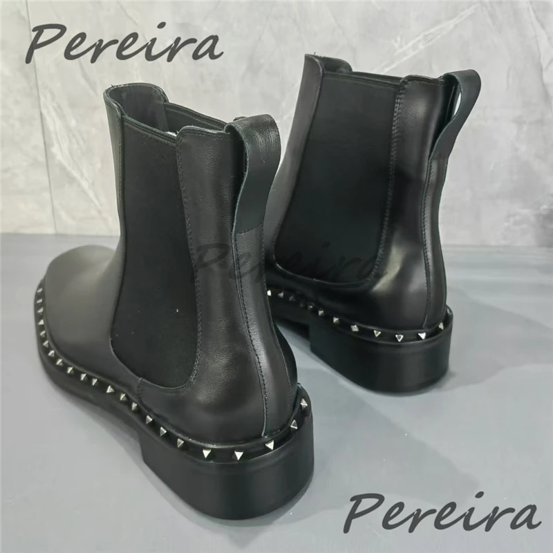 

Rivet Design Thick Soled Short Boots Genuine Leather Square Toe Slip-on Chelsea Boots Autumn Winter Men's High Top Shoes