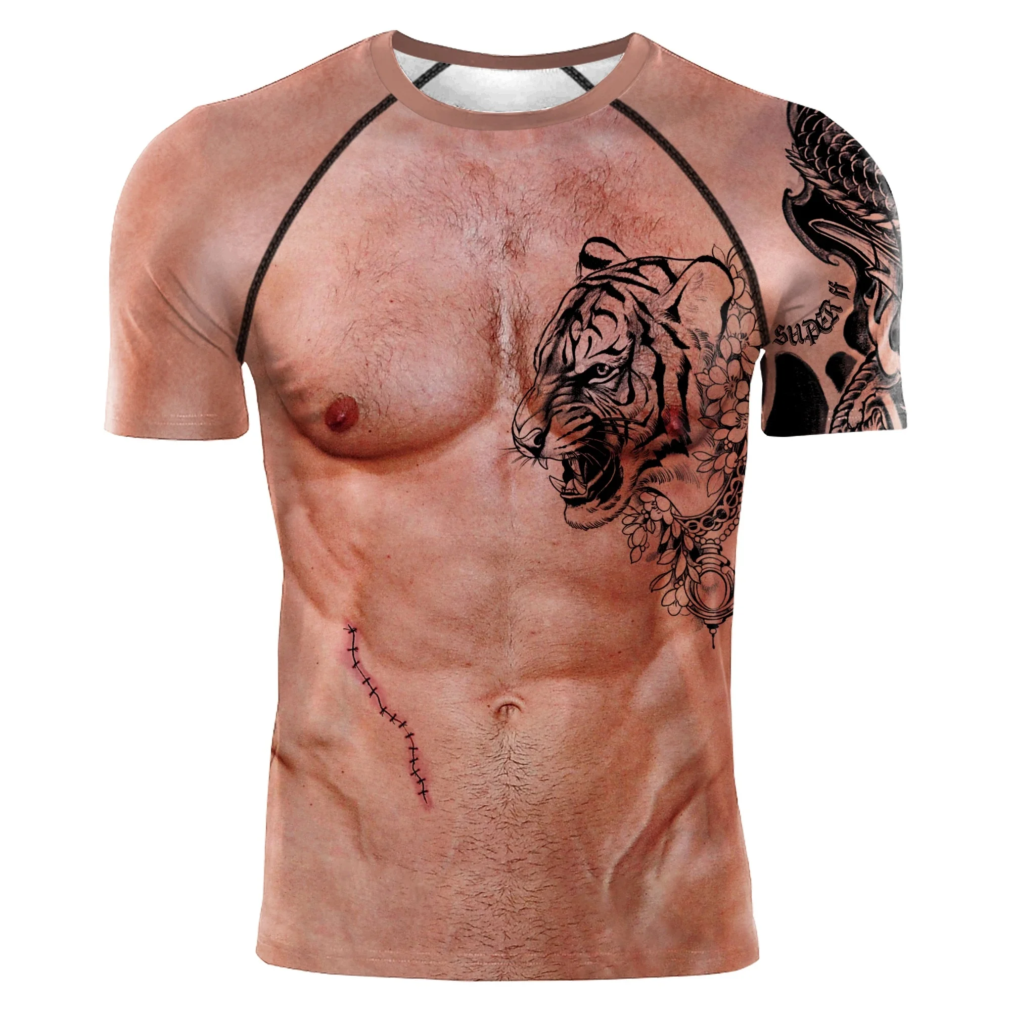 Summer Funny 3D Muscle T Shirt Men's New Short-sleeved Fitness Cool Top Tee Streetwear Cosplay Fake Muscle T Shirt Belly Tops