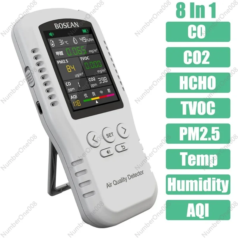 

8 In 1 Professional Air Quality Detector CO2 CO HCHO TVOC PM2.5 Temperature Humidity Test AQI Monitor High Accuracy Gas Analyzer