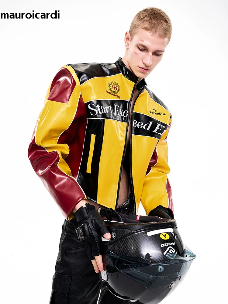 

Mauroicardi Spring Autumn Short Letter Embroidery Contract Color Pu Leather Racing Jacket Men Runway Fashion Emo Streetwear 2026