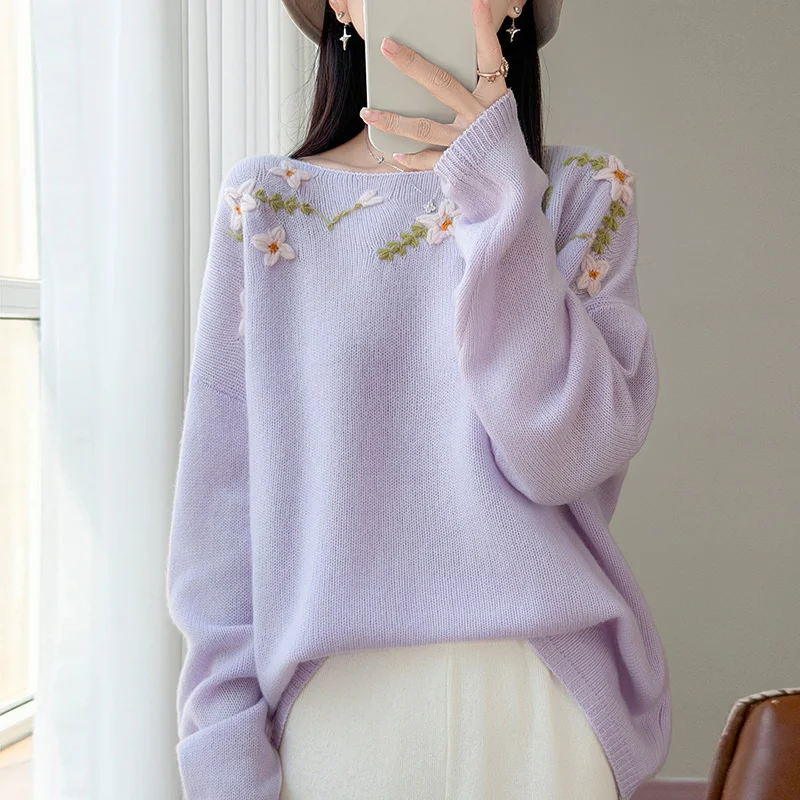 New women's sweaters in autumn and winter 100% pure cashmere women's knitted O-neck pullover solid color women's long sleeves