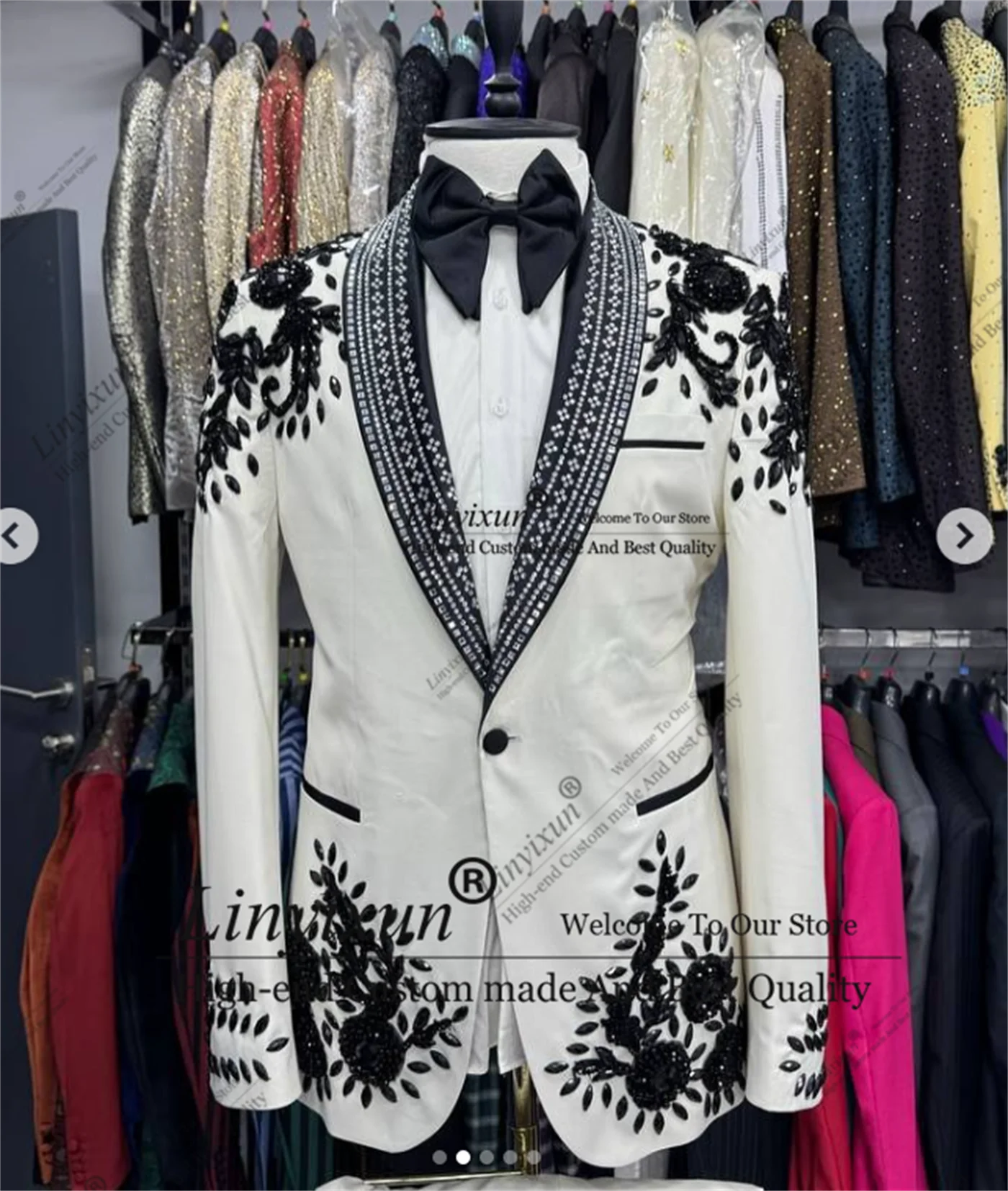 

Shiny Jewelry Ornament Tuxedos Men Suits 2 Pieces Wedding Groom Dinner Party Customized Male Prom Blazers Slim Ropa hombre
