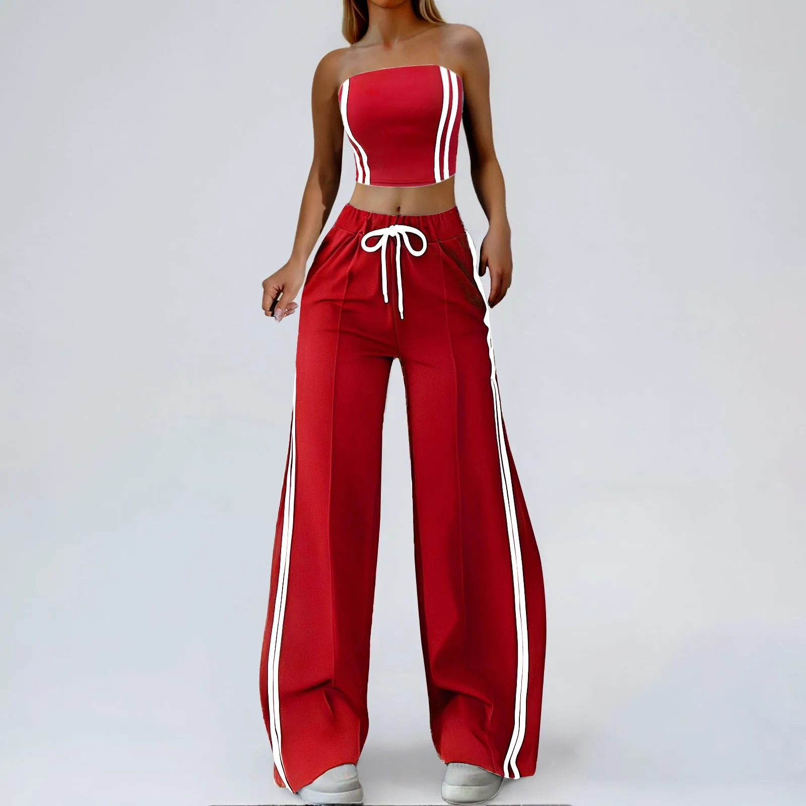 

Fashion Women's Set Strapless Striped Ribbon Crop Top + Wide Leg Pants Suits Summer Streetwear Two 2 Piece Set Outfits 2025