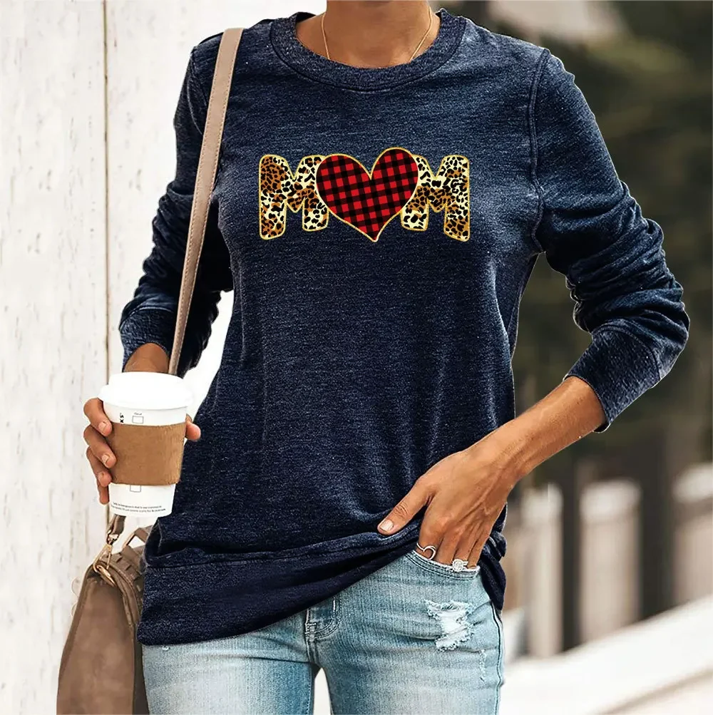 Women's Loose-Fit Heart Print Round Neck Long Sleeve T-Shirt Amazon EU Warehouse Stock Cotton Crew Neck Flower Decoration Tops