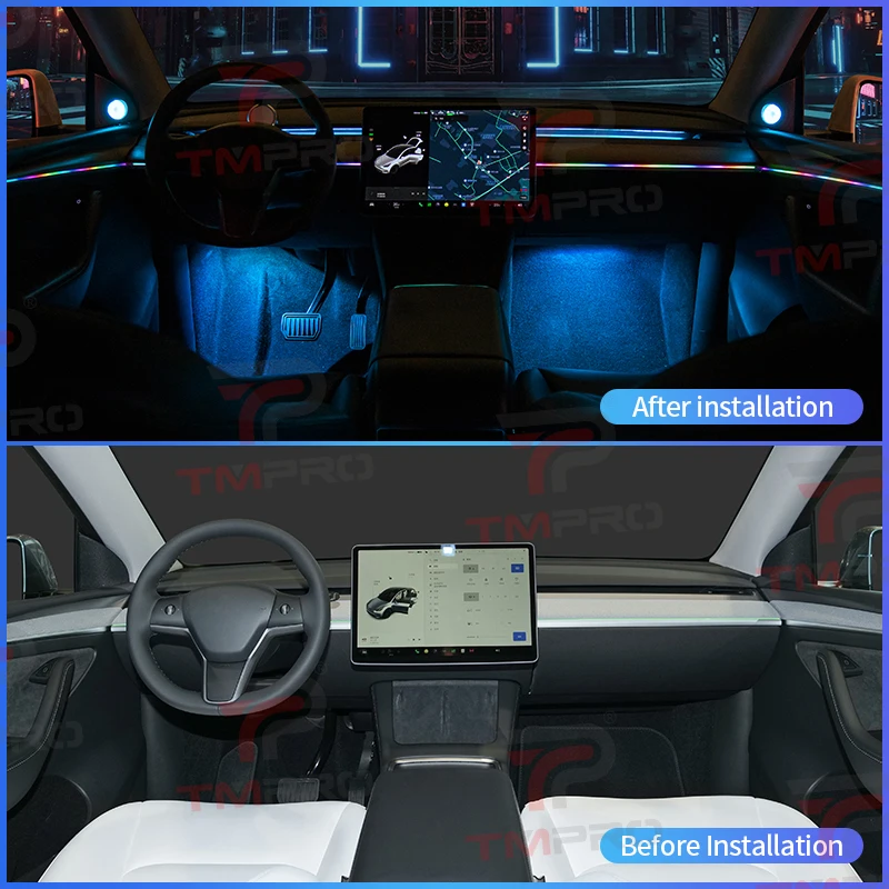 TMPRO 64-Color LED Safety Assistance System Ambient Light Suitable for Tesla Model 3 Model Y 2021-2024 Car Interior Decoration