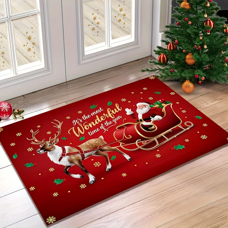 VIKAMA Non-Slip Christmas Slogan Doormat Washable Indoor Holiday Rug with Santa Reindeer Design for Front Door Decor