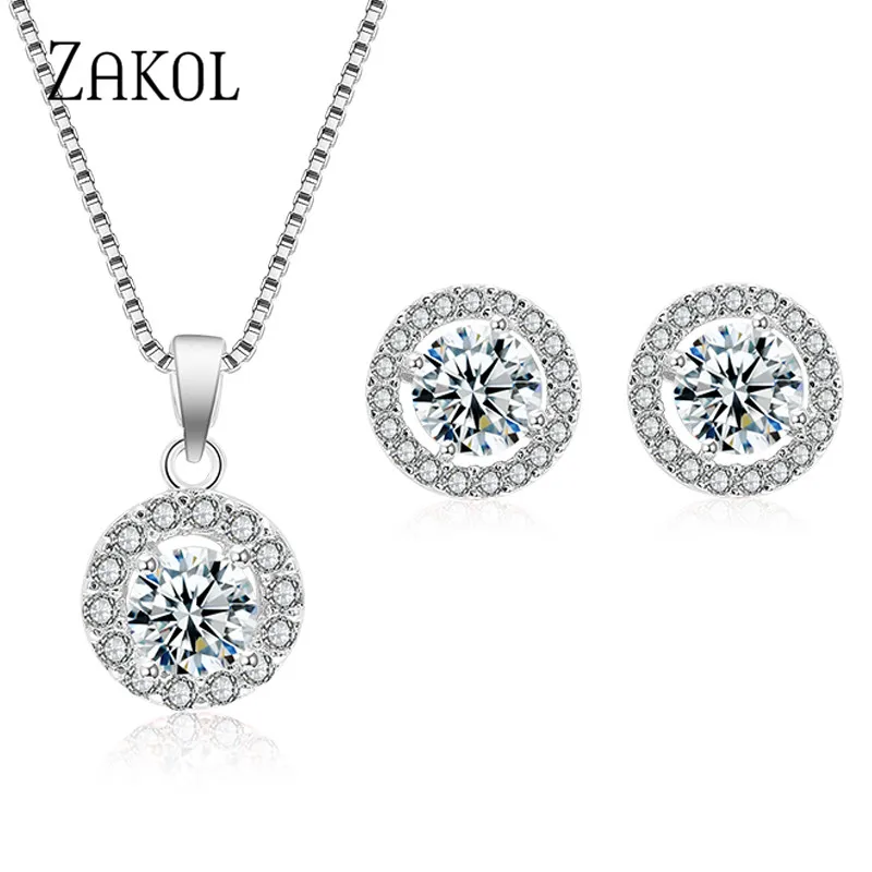 ZAKOL Nigerian Round Cubic Zirconia Wedding Jewelry Sets for Women Classic Micro Inlay Crystal Bridal Earrings Necklace Set