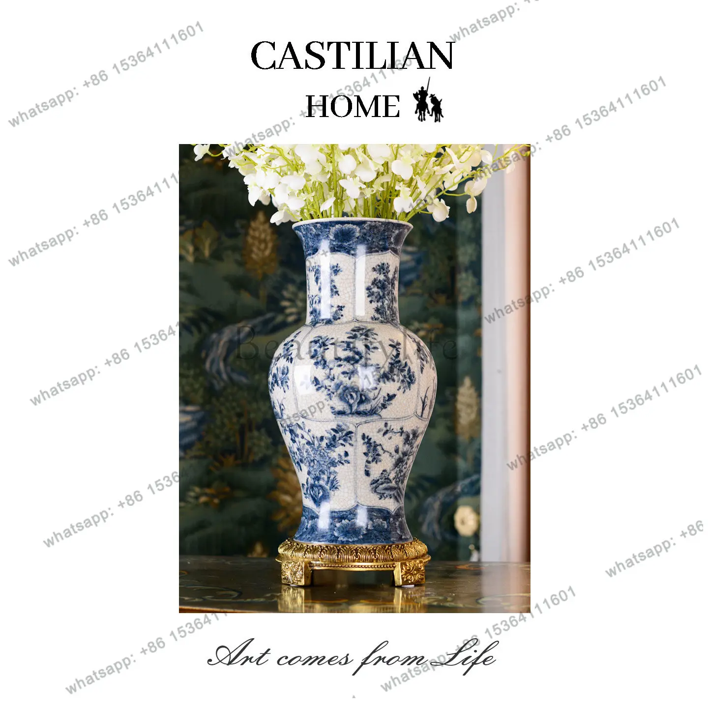 HOT New Chinese blue and white porcelain vase ornament light luxury high-end decoration C5906