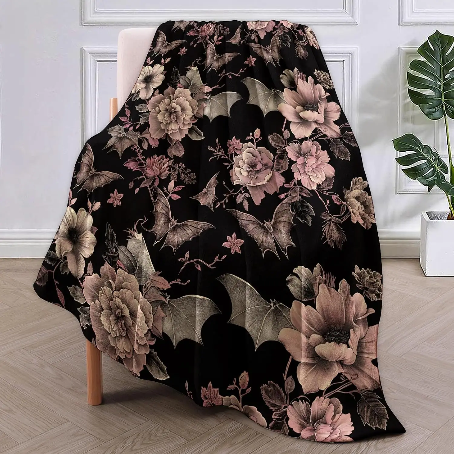 Fluffy Blanket for Winter Blankets for Bed for Single Bed Gothic Blanket, Floral and Bat Flannel Throw Blankets,Soft Warm