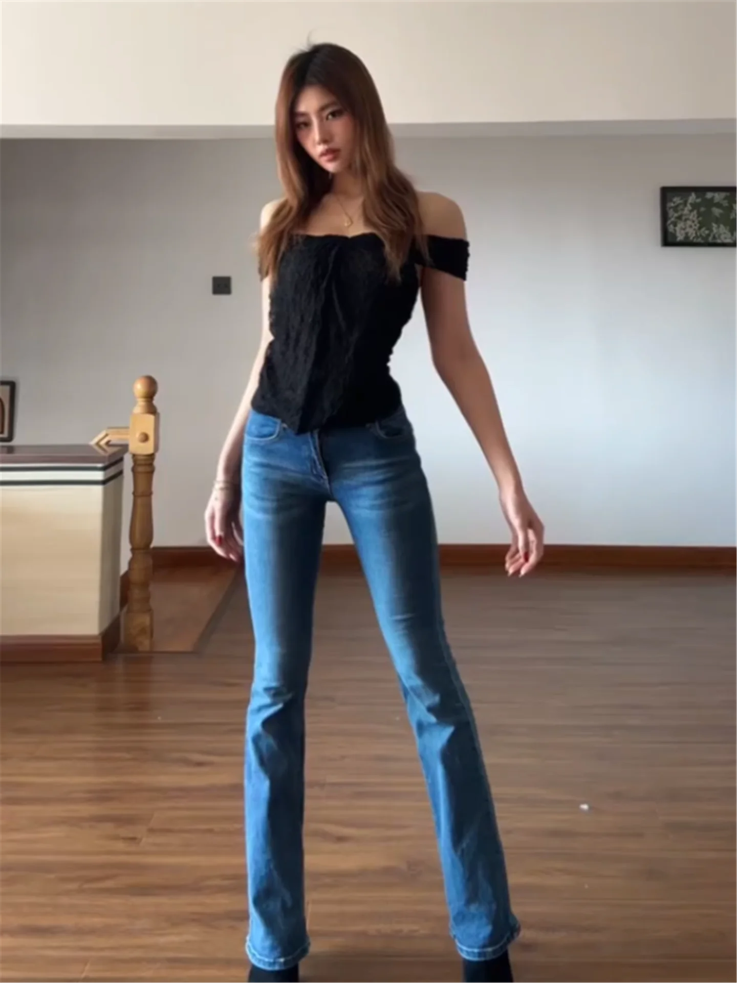 

Extended High Waist Bell Bottom Straight Leg Jeans Women's Spring Summer Slimming Narrow Version Hot Girl Blue Denim Pants