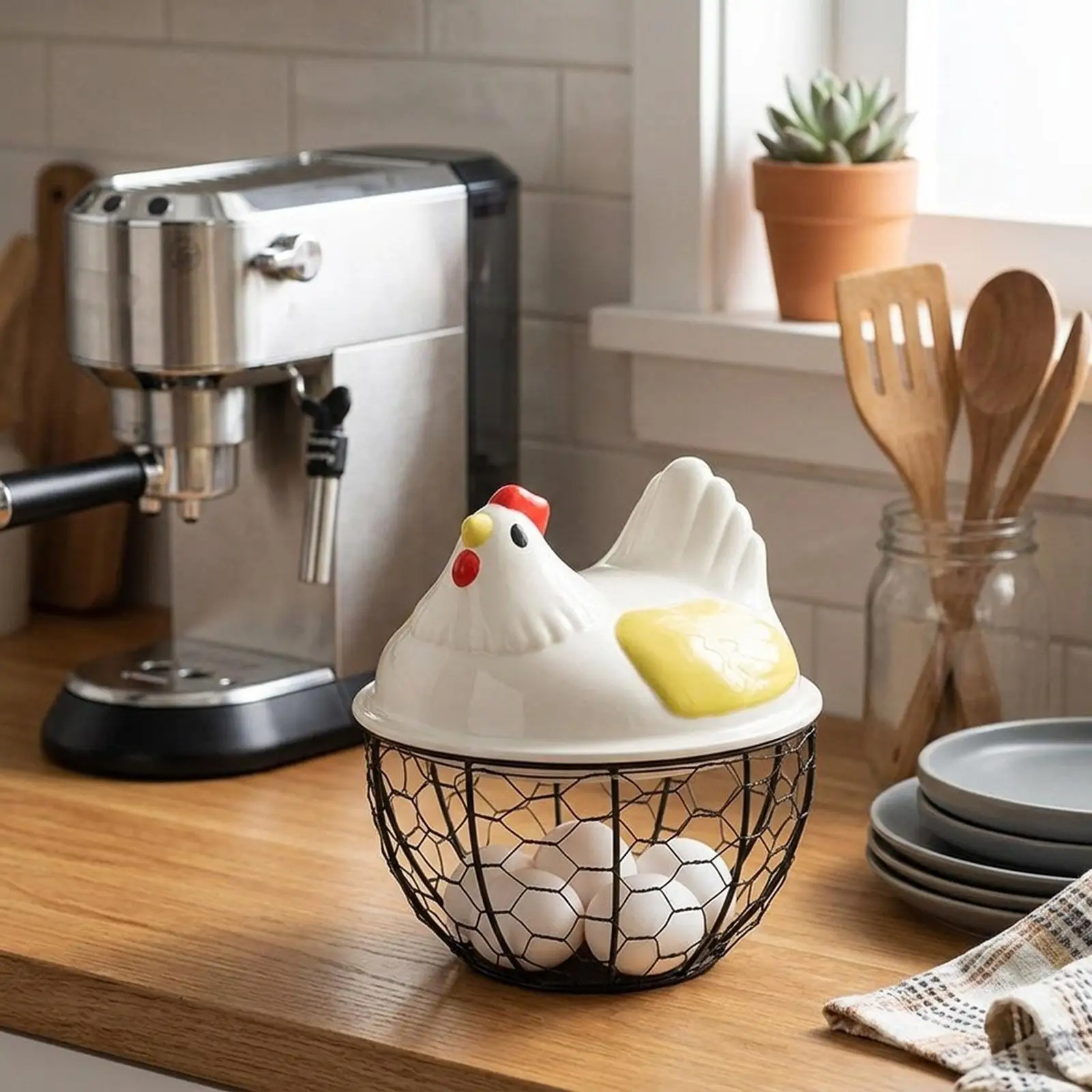 

Rustic Chicken Egg Basket Farmhouse Style Metal Wire Storage Organizer for Kitchen and Fresh Eggs