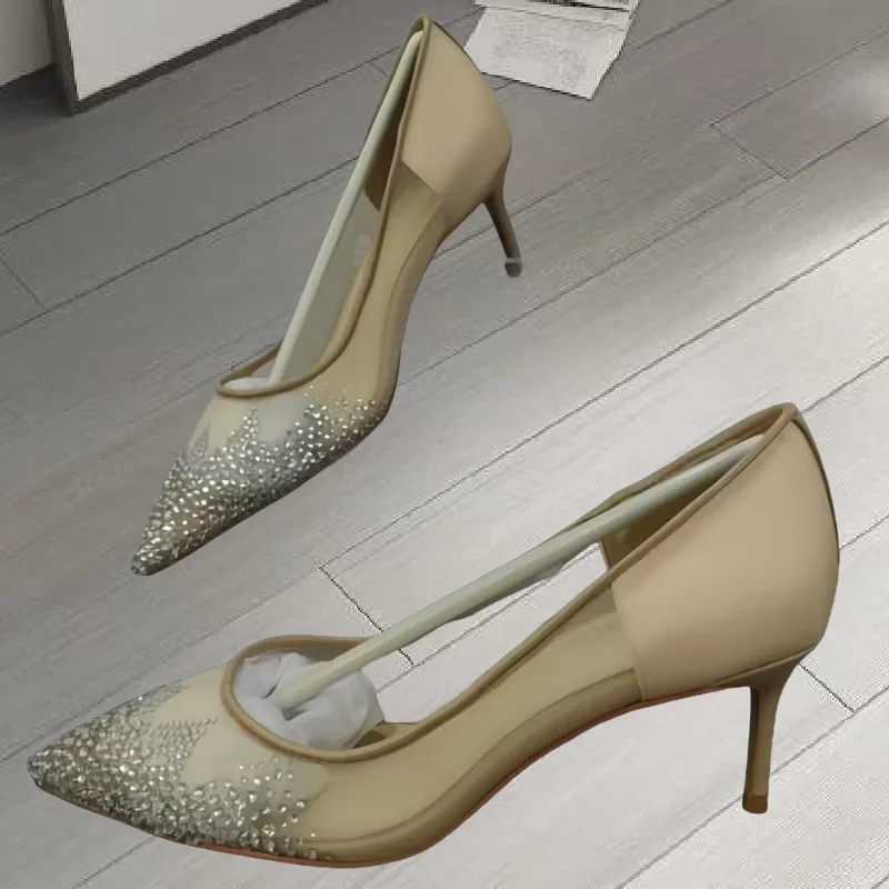 

Rhinestone Shoes for Womens Pointed Toes Luxury Mesh High Heels Solid Female Pumps Sewing Lines Tacones Shallow Chassure Femme