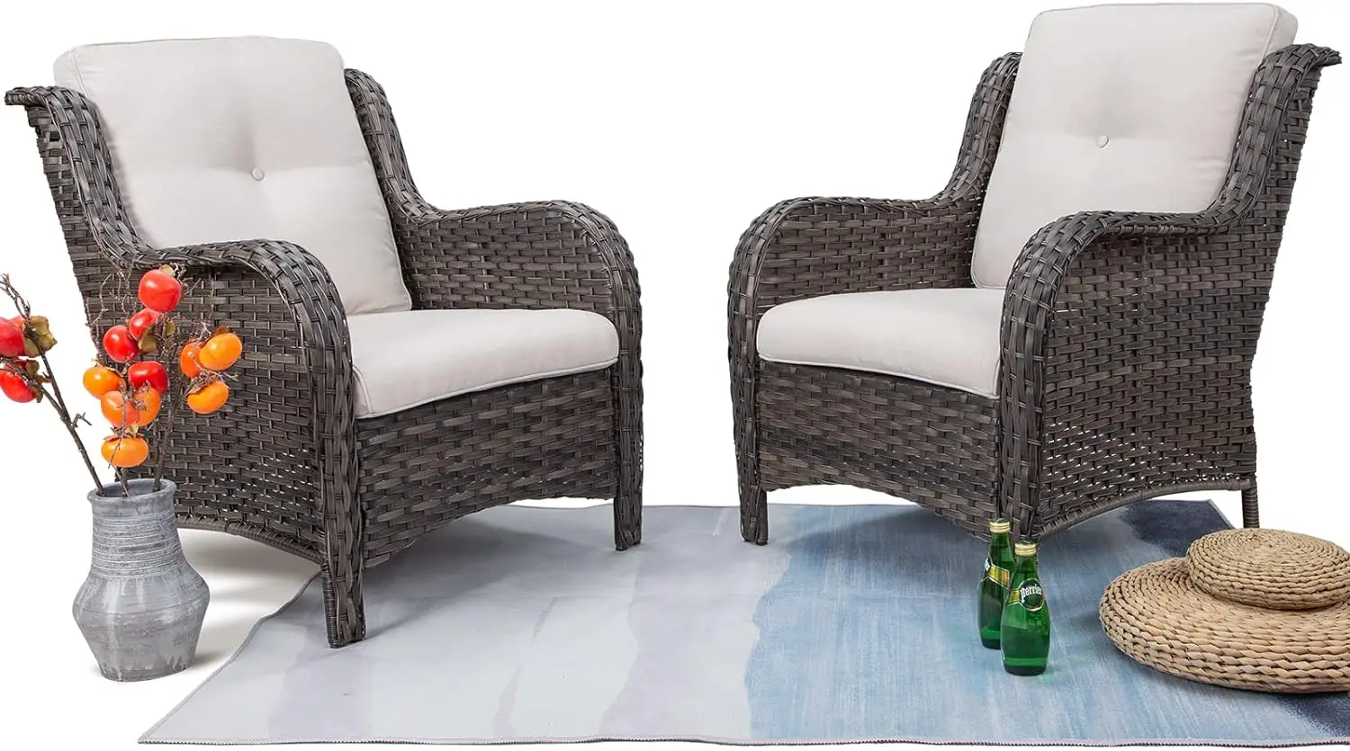 

Patio Wicker Chairs Set of 2, Patio Rattan Dining Chairs with 3.5-inch Seat Cushions, High Back and Curved Armrest for Garden