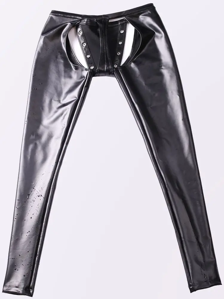 Faux Latex Elastic PU Leather Mens Convex Pouch Trousers Hollow Out Cosplay Eyelets Rivets Punk Pantalon Hot Sexy Leggings Pants