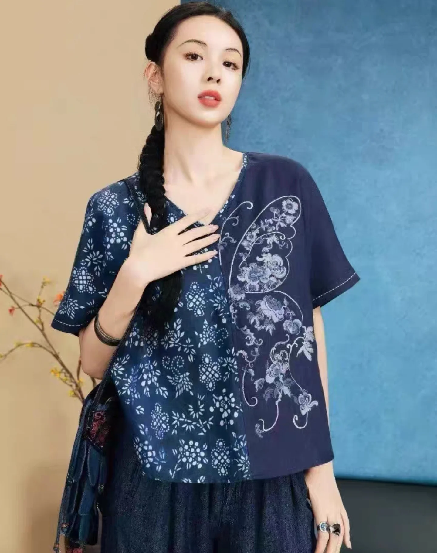 

Blue linen batik blouses national style V-neck loose embroidered tops Vintage fashion Summer clothes for women