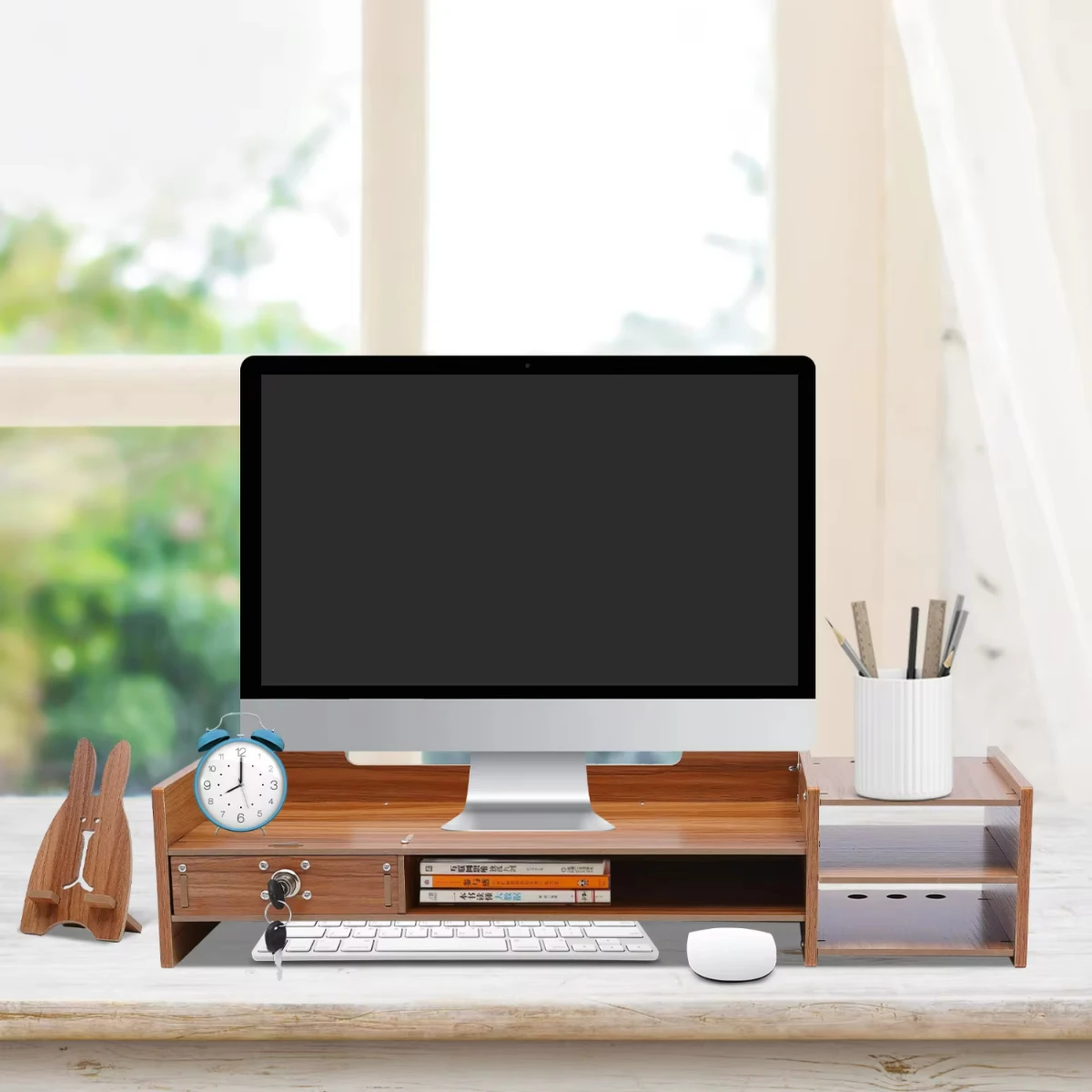 Monitor Stand Riser Computer Desk Laptop  Shelf Organizer Keyboards Holder 180° Rotation With Drawer + Lock