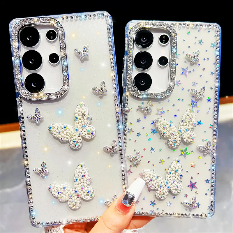 

Diamond frame Butterfly Glitter clear Phone Case For Samsung Galaxy S23 Ultra S24 S25FE Plus A07 A17 A16 A26 A36 A56 A15 A35 A55