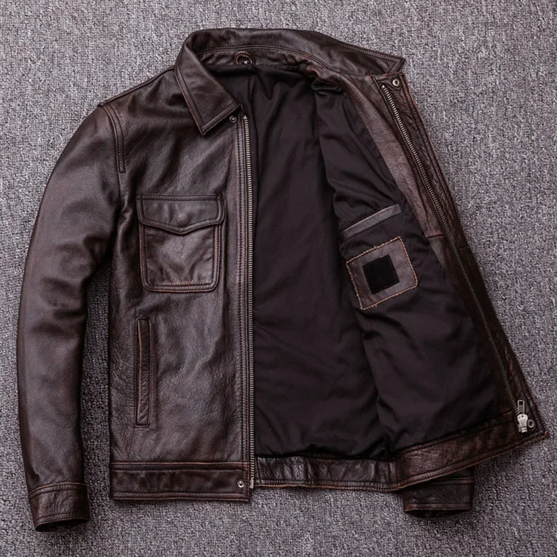 Vintage Genuine Leather Jacket Men 100% Cowhide Red Brown Black Natural Leather Jackets Man Leather Coat Autumn Clothing M174