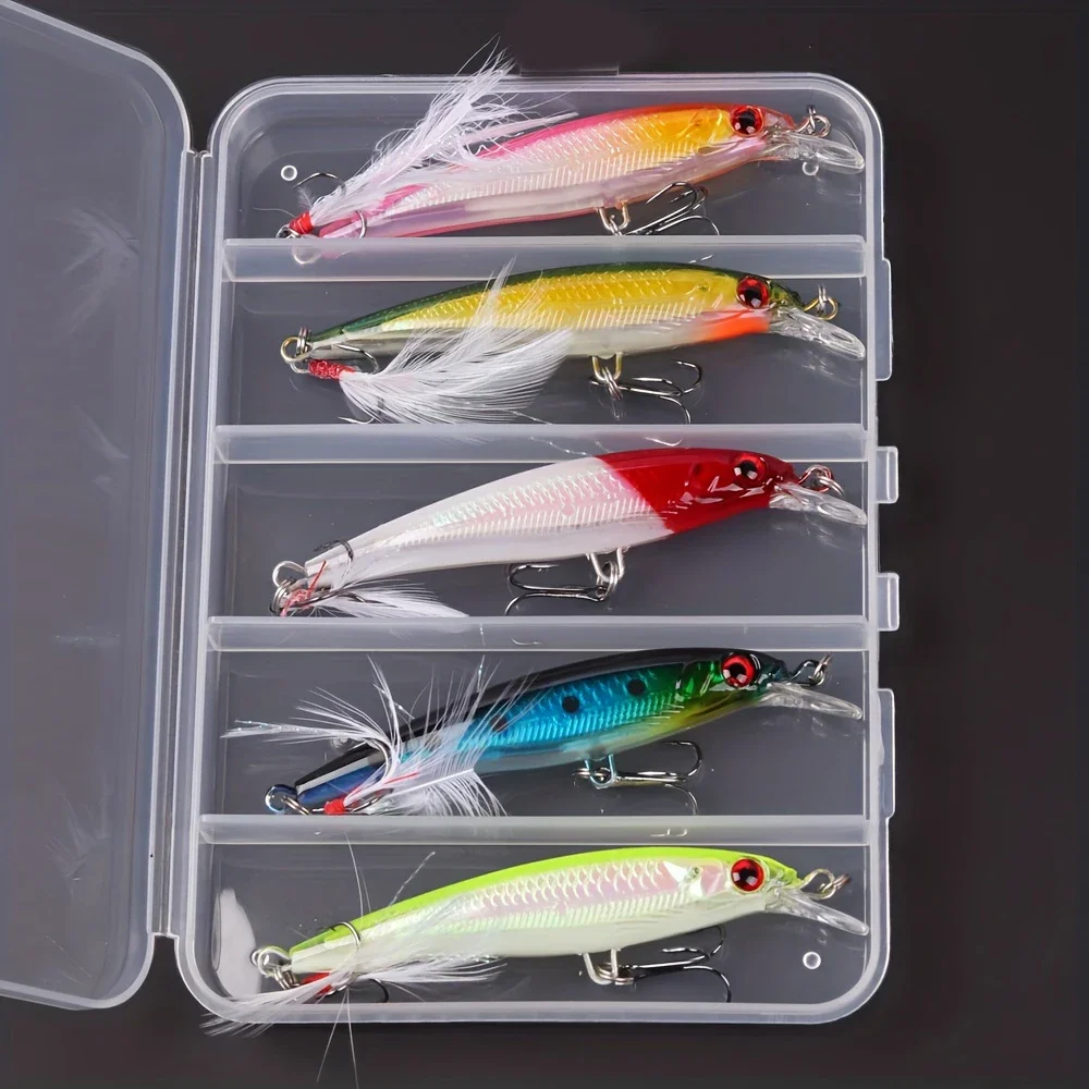 Laser 3D Eyes Bionic Minnow Fishing Lure 5pcs/Box - 13.3g/6.8g Hard Bait with Feather Treble Hooks for Better Catch
