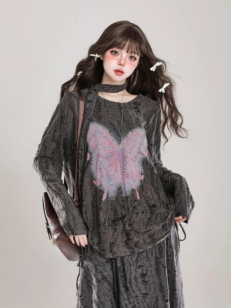 

Women Y2k Aesthetic Butterfly Print T-shirt Autumn Casual Loose Drawstring Tees Harajuku Hole Streetwear Grunge Bandage Tshirts