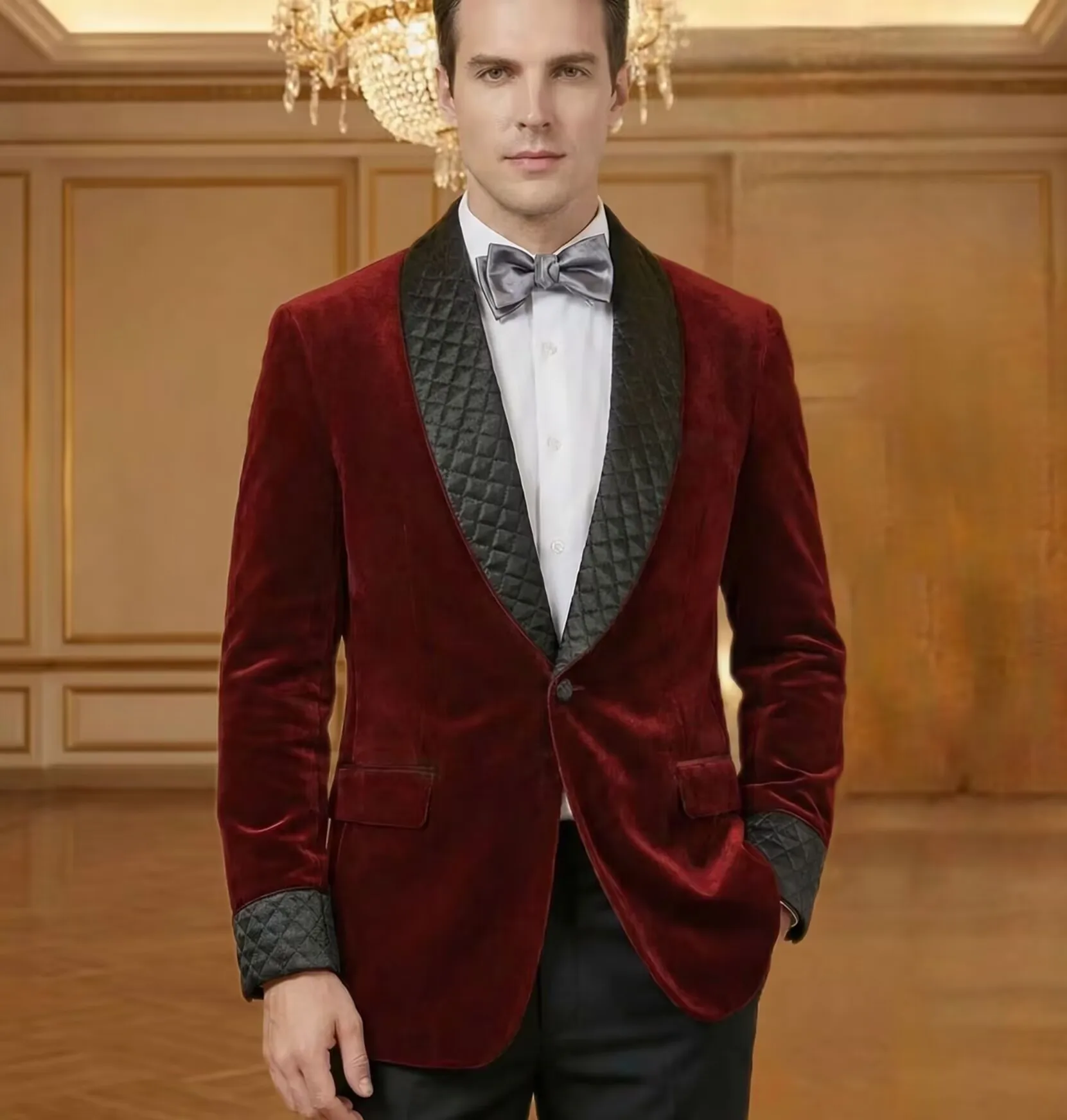 

Velvet Smoking Jacket Shawl Lapel Wedding Groom Coat Men Suit Blazer with Belt fashion runway performance outfit