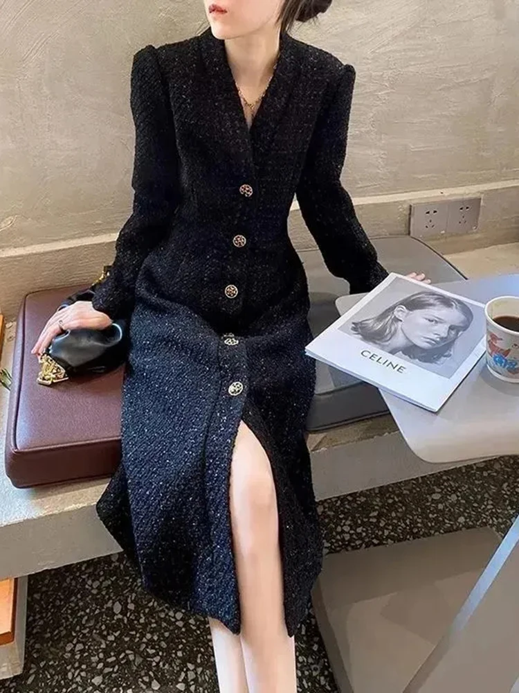 Schwarz Elegante Taste Midi Kleid Frauen Herbst Winter V-ausschnitt Büro Dame Kleider Weibliche Lange Hülse Chic Casual EINE Linie Kleid Neue