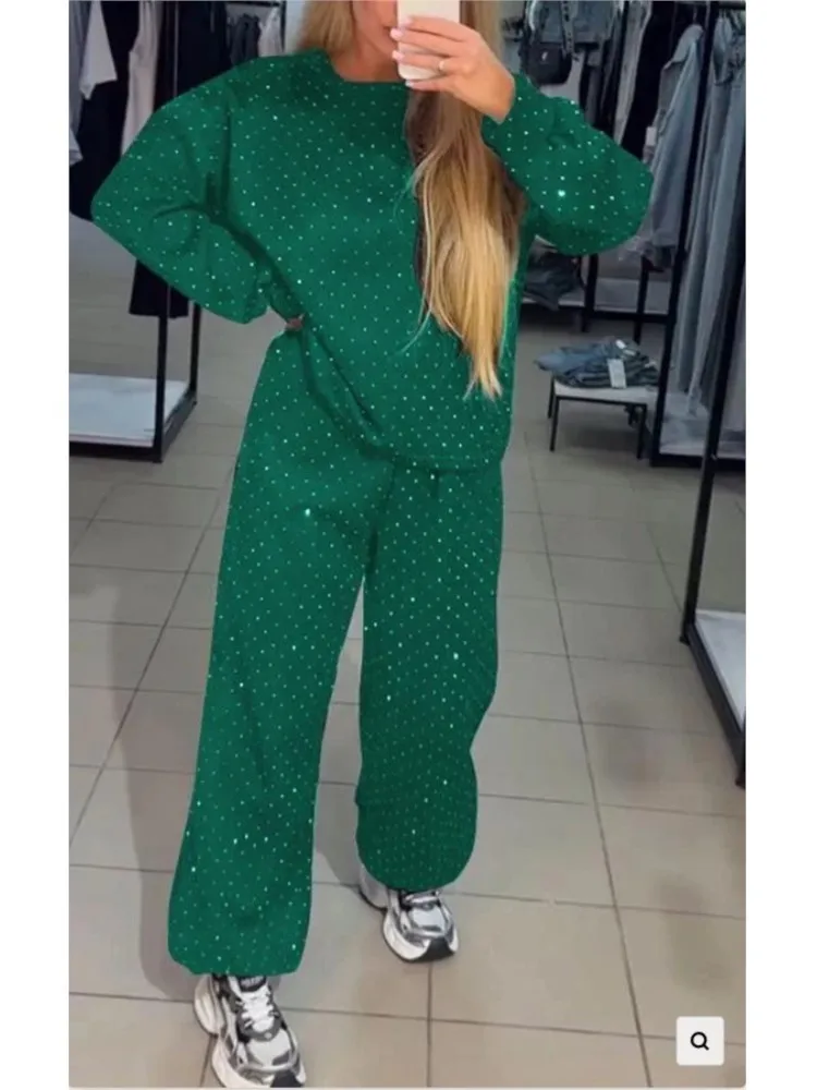 Fall Winter Rhinestone Shiny Loose Fit Set Women O Neck Sweatshirt Pullover Tie-up Pants Tracksuit Retro Loose Sport 2 Pice Set