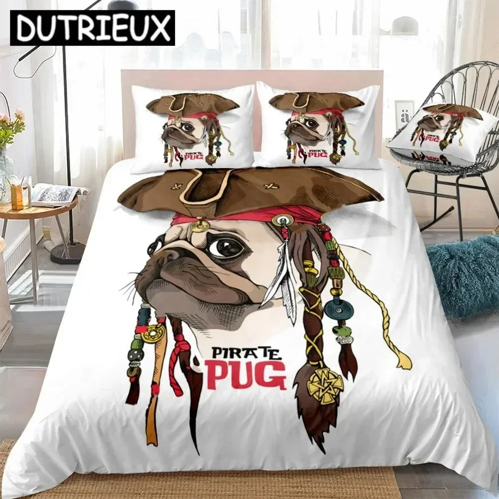Cartoon Pug Dog Duvet Cover Set 3D Pilot Cute Animal Bedding Set Kids Boys Bed Linen Pillowcases Twin Full Home Textiles 3pcs