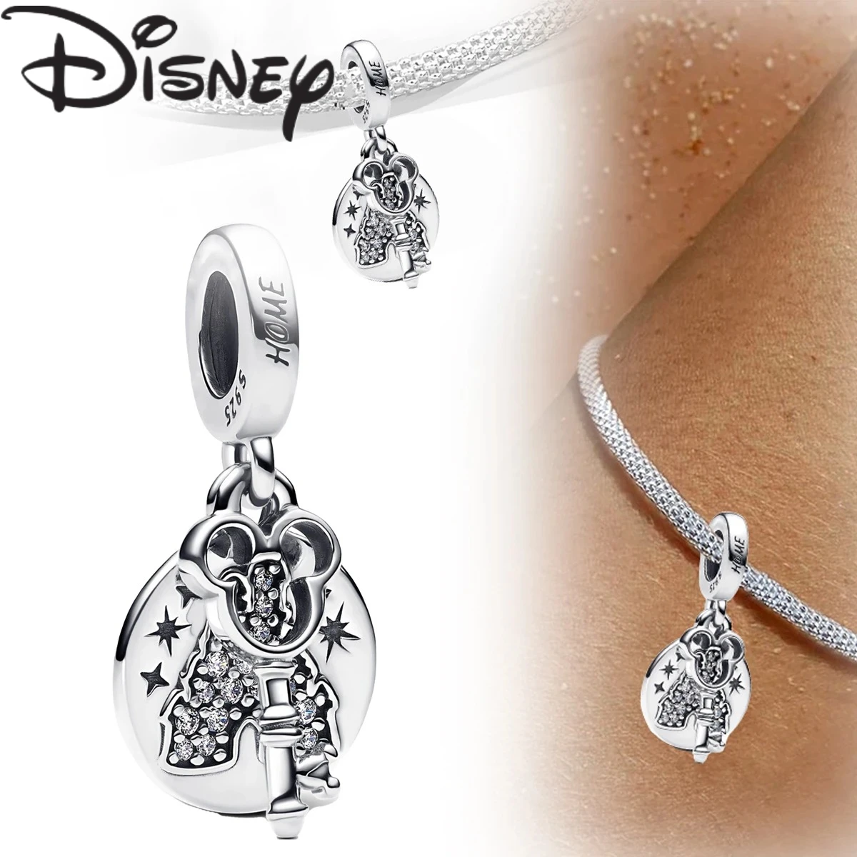 

2025 Стерлингового Серебра 925 Диснея, ключи Дом Микки и кулон в виде замка, подвеска, подходит для оригинальных браслетов для женщин, ювелирные изделия своими руками, подарок