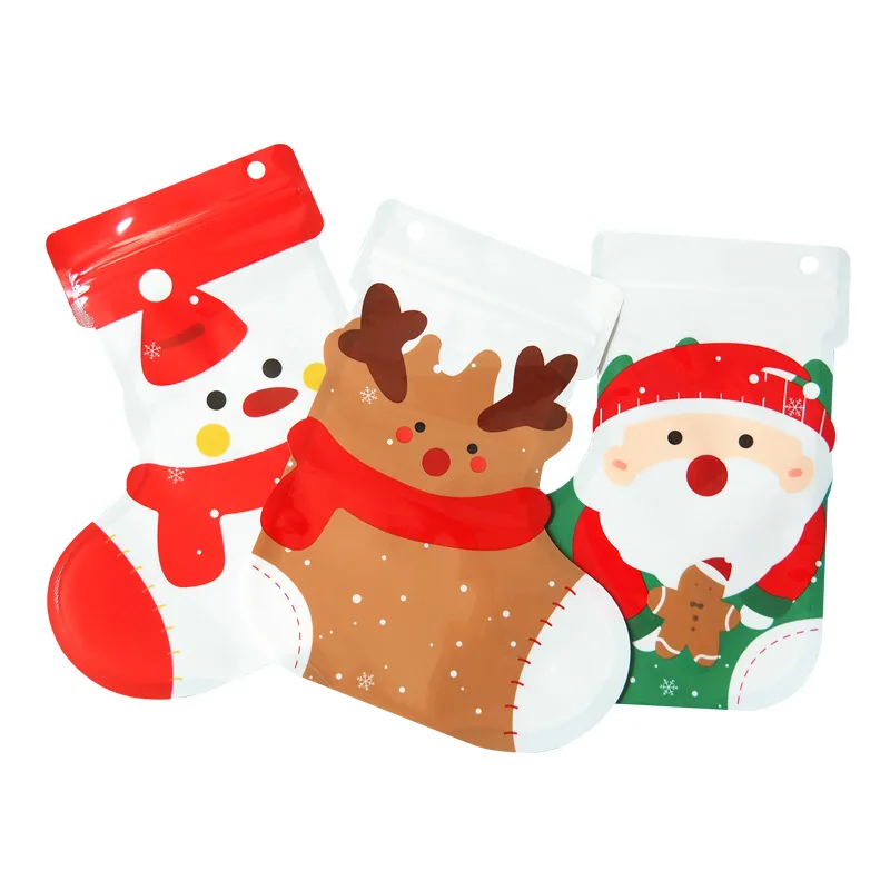 

New Merry Christmas Socks Shape Cookie Bags Snowman/Elk/Santa Claus Self Sealing Zip Plastic Hangbag Candy Gifts Storage Pouches