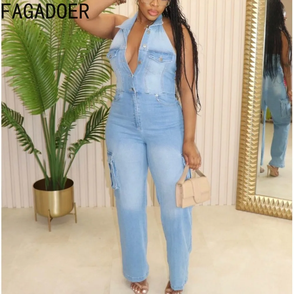 FAGADOER Retro 90s Denim Jumpsuits Halter Lapel Single-Breasted Quality Stretch Summer 2024 Fashion Streetwear Casual Playsuits