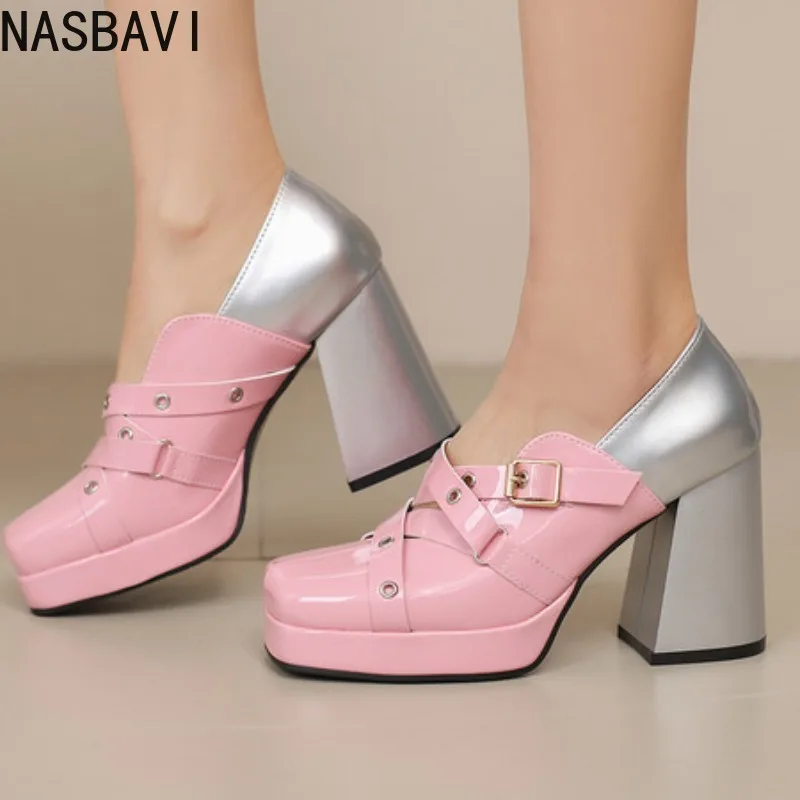 

NASBAVI модные туфли-лодочки на платформе с ремешком на щиколотке, женские туфли Мэри Джейн из искусственной кожи с квадратным носком, женские туфли на толстом высоком каблуке в готическом стиле