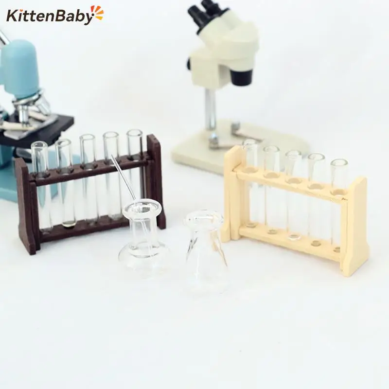 1Set 1/12 Dollhouse Miniature Measuring Cup Rod Test Tube with Rack Model Laboratory Decor Toy Doll House Accessories Decor