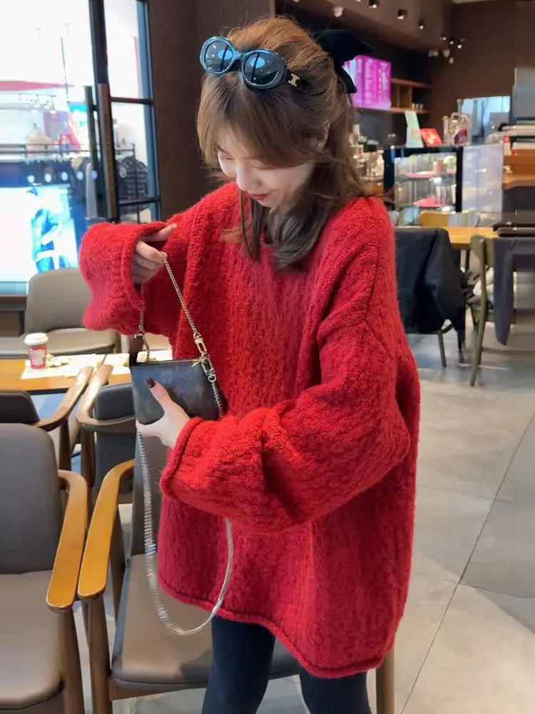 

Cisas Red Loose Lazy High-End Feel Medium-Length Knitted Sweater Comfortable Soft Winter Women's Faion Casual Top