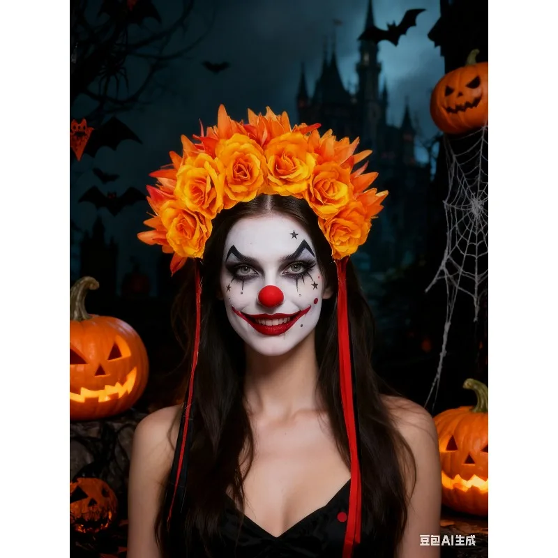 

Женская мексиканская повязка на голову на День мертвых с оранжевой розой и цветочной короной, головной убор для вечеринок на Хэллоуин