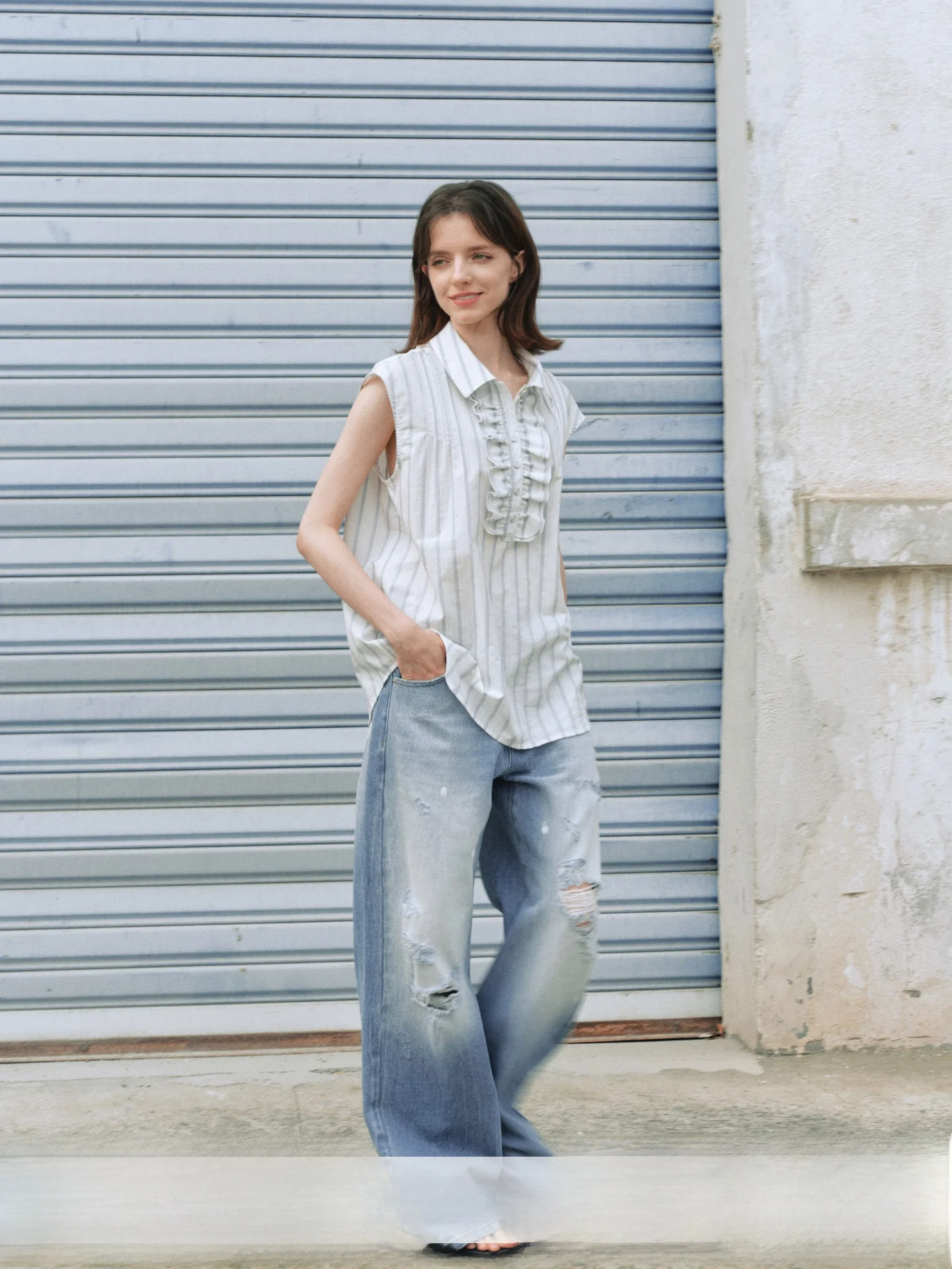 

Billconch Blue White Contrast Color Tassel Trim Sleeveless Vest Cool Feeling Striped Casual Style Women's T-shirt Cotton 100%