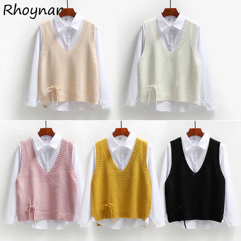 

Sets Women New Design Preppy Style Students Lace-up V-neck Knitted Solid Sleeveless Sweater Vest Lady Simple Shirt Ulzzang Chic
