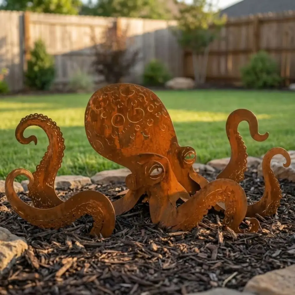 Vintage Iron Rusty Metal Squid Garden Statue Rustic Ocean Style Squid Yard Art Decor Coastal Art Weather-resistant