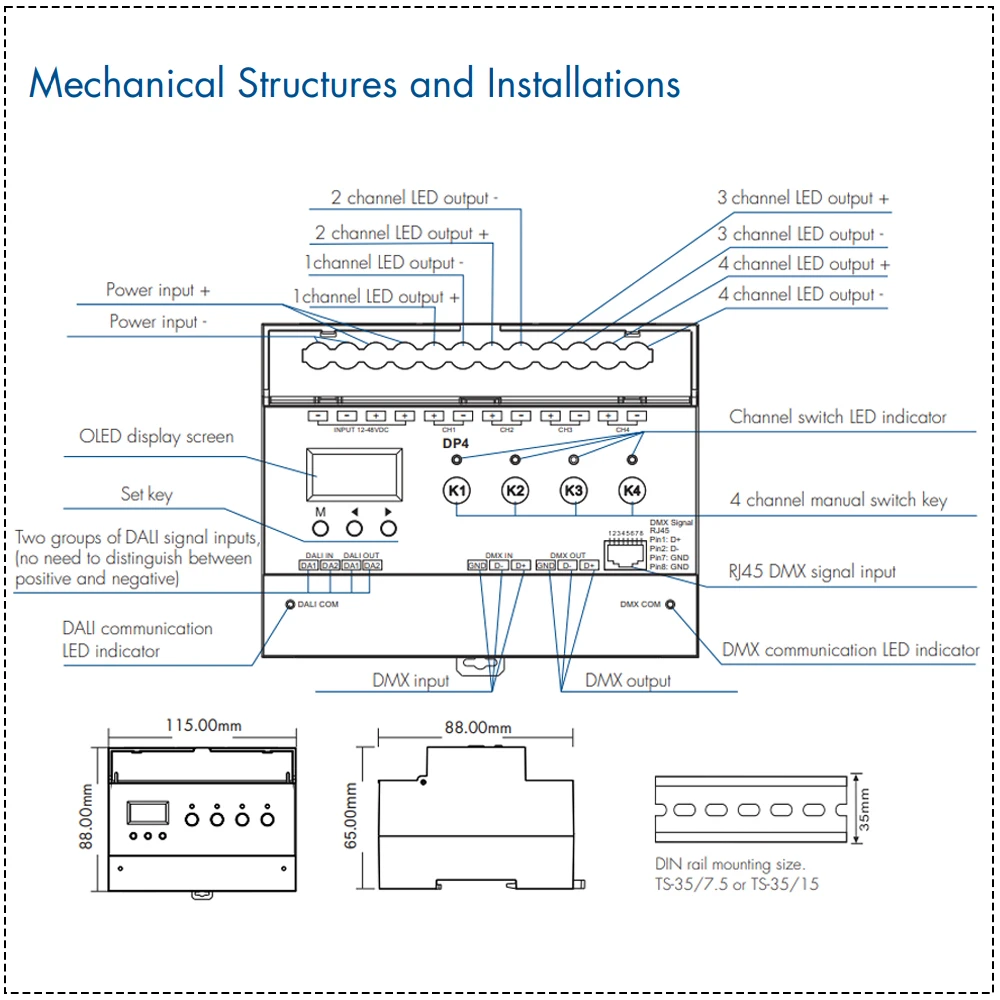 DALI/DMX 4 Channel Constant Voltage LED Dimmer Supports DALI DT6 DT8 DMX 8/16 Bit Signal Control Manual Mode Dimming DC 12V 24V