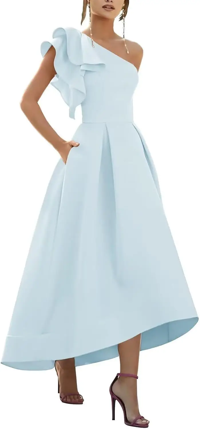 

One Shoulder Mother of The Bride Dress Tea Length Mermaid Satin Bridesmaid Dresses for Wedding Evening Dress Prom Dresses
