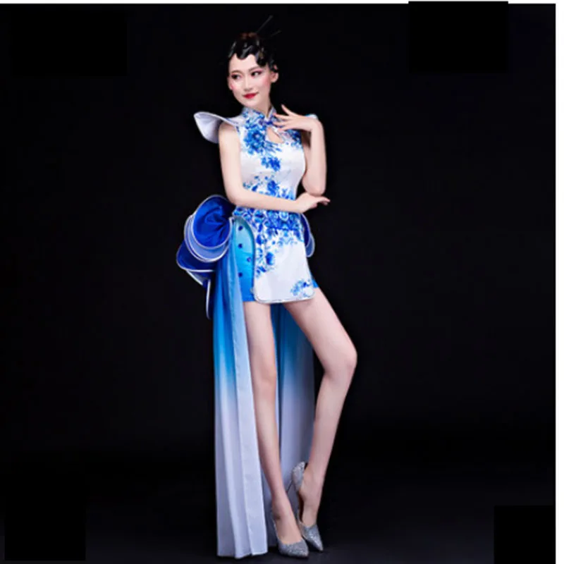 

Chinese Style Short Cheongsam With Long Big Swing Tail,Guzhen Performance Clothes Female Blue And White Porcelain Dance Costumes